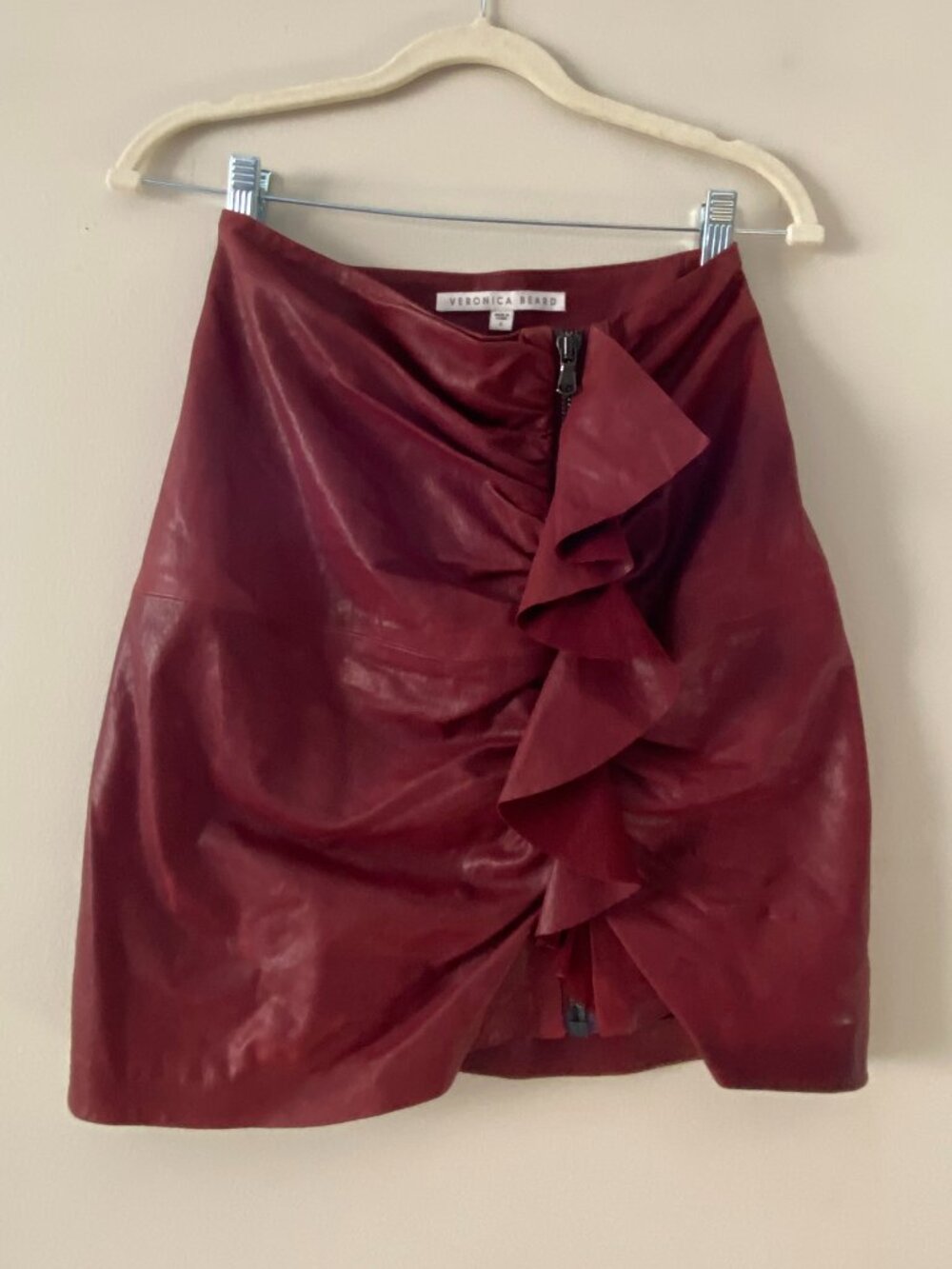 Veronica Beard Red Lamb Leather Ruffle Mini Skirt | Size 0